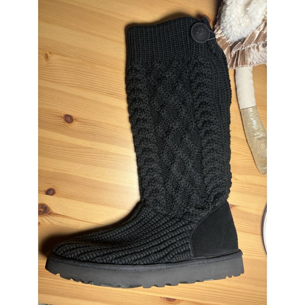 New UGG Classic Cardy Womens Black Knit Knee High Zip Boots Button Faux Fur 9 - Picture 2 of 10